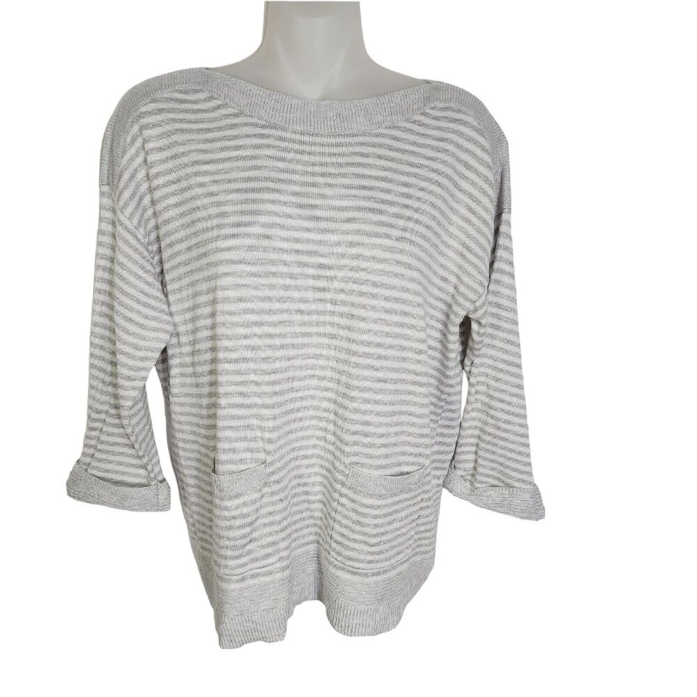 Chico's Womens Sweater Size 0 Small Cheerful Stripe Riley Gray 3/4 Sleeve Pocket